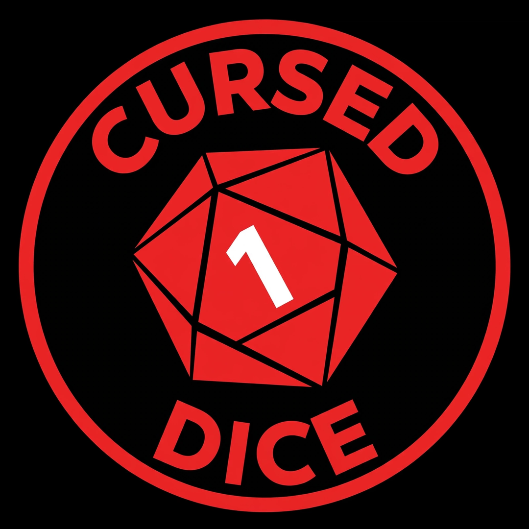 Cursed Dice logo, a red d20 showing a 1